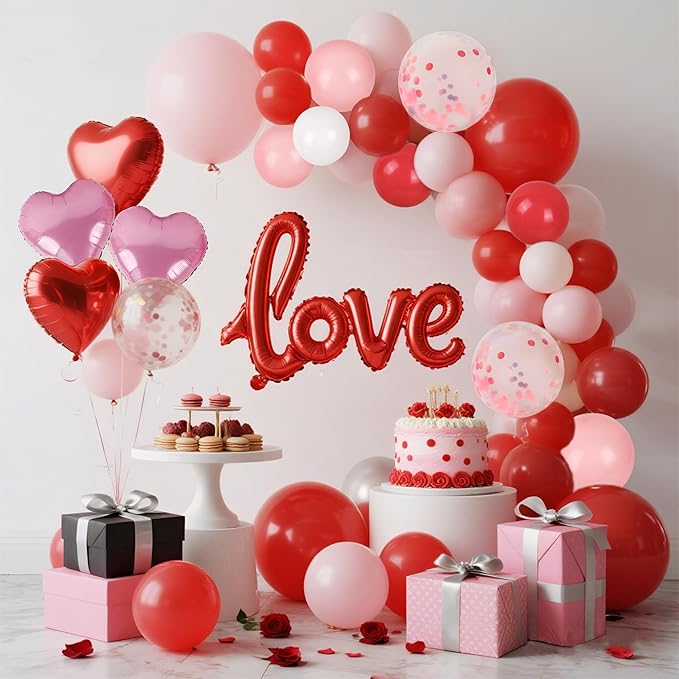 DR.DUDU 263 Pcs Valentines Day Balloon Arch Kit Decorations, Pink/White/Red Balloons Garland Decor with LOVE Heart Balloon Rose Petals for Mother's Day Party Birthday Wedding Proposal Anniversary