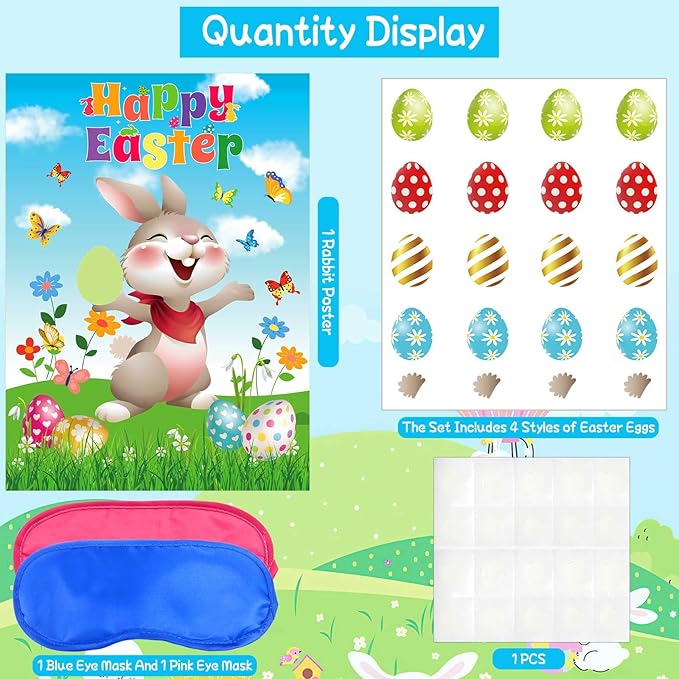 AUGSUN Pin The Tail on The Bunny Easter Games Easter Rabbit Games with 24 Stickers for Easter Party Decorations, Easter Egg Hunt Activities Happy Easter Party Favors Supplies