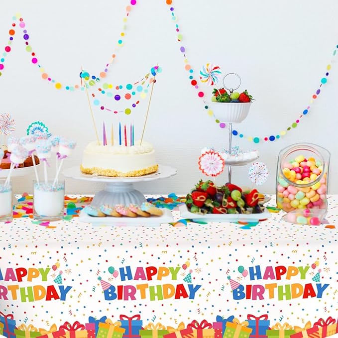 Birthday Tablecloth, 2 PCS Birthday Table Cloths 54'' x 108'' Disposable Birthdays Table Cover Waterproof Plastic TableCloth Rectangle Party Tablecloths for Kid’s Happy Birthdays Party Decorations