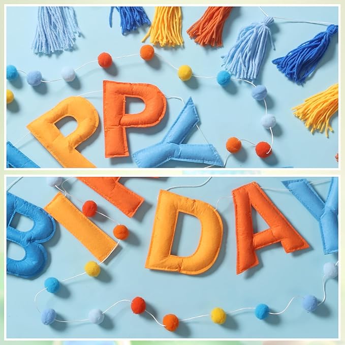Pre-Strung Happy Birthday Banner Blue and Orange Party Decorations Felt Ball Garland Sign for Blue Dog Birthday Party Décor