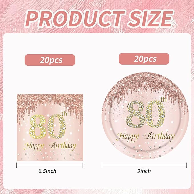 80th Rose Gold Birthday Plates and Napkins, 9 Inch Pink Rose Gold Disposable Dinner Dessert Plates Happy 80th Birthday Party Supplies Decorations for Girls Women