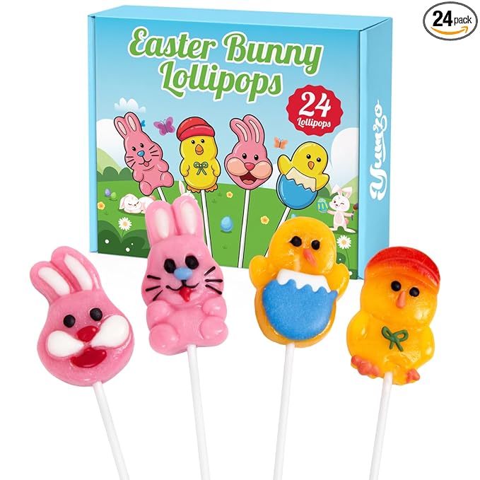 Easter Bunny Lollipops With Natural Colors – 24 Count Individually Wrapped Candy Pops, Bunny And Chick Shaped Lollipops For Easter Baskets, Egg Hunt Party Favors, And Spring Candy For Kids.