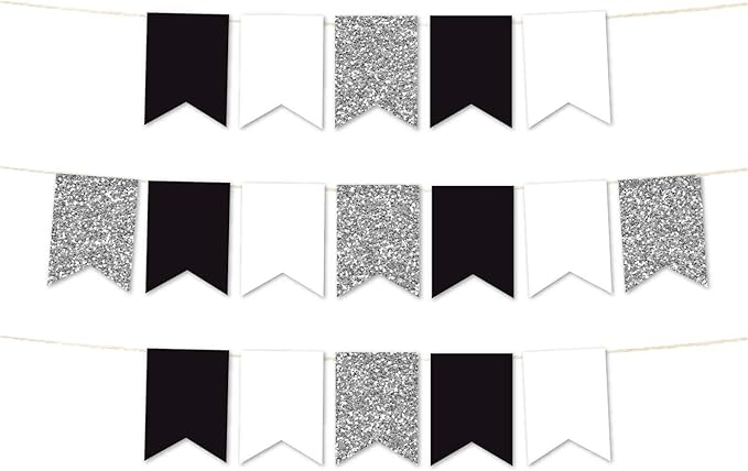 Andaz Press Hanging Pennant Banner with String, Black, White, Silver Glitter, 1-Set, 24 Pennants, Approx. 12-Feet Long