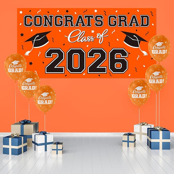 2026 Graduation Party Plastic Backdrop - 65" x 32.7" Congrats Grad Banner in Orange, Large Class of 2026 Decorations, Photography & Grad Party Supplies