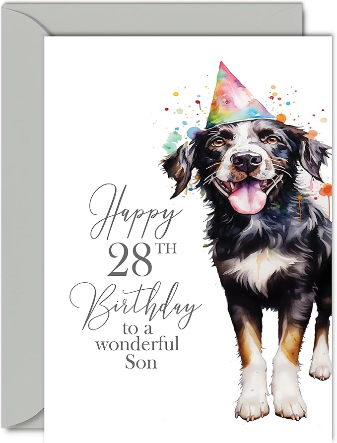 28th Birthday Cards for Son - Party Dog - Happy Birthday Card for 28 Year Old Son from Dad Mum, 5x7 Inch Bday Men Man Him Greeting Cards Gift for Son Birthday Gifts