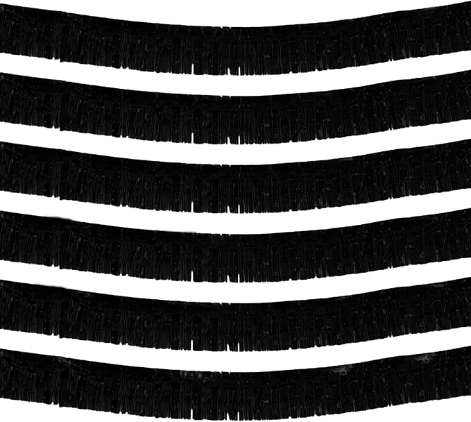 6 Pack 10 Feet Foil Fringe Garland Metallic Tinsel Streamers Banner Wall Hanging Curtain Backdrop Banner for Parade Floats, Thanksgiving, Christmas, Birthday, Halloween Party Decorations(Black)