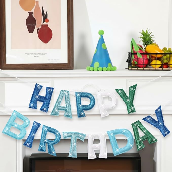 Tegeme Felt Happy Birthday Banner, Teal Glitter Turquoise Happy Birthday Garland Reusable Colorful Rainbow Decoration for Woman, Man Party Photo Prop