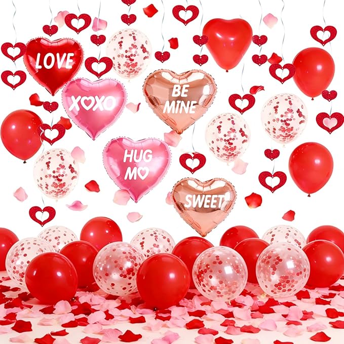 Valentines Day Decorations, 12pcs Valentines Day Balloons, Red Heart Balloons and Love Foil Balloons, Fake Rose Petals Wedding Backdrop Party Supplies
