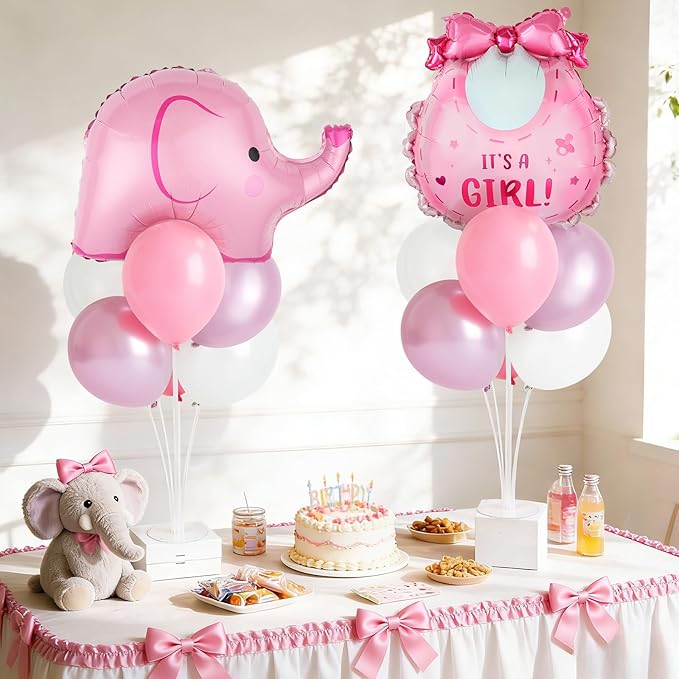 Elephant Baby Shower Decorations Party Balloons Stand Kit 2 Sets with Pink Elephant Foil Balloons Elephants It's a Girl Party Balloon Centerpieces for Tables for Girl Baby Shower Birthday Decorations