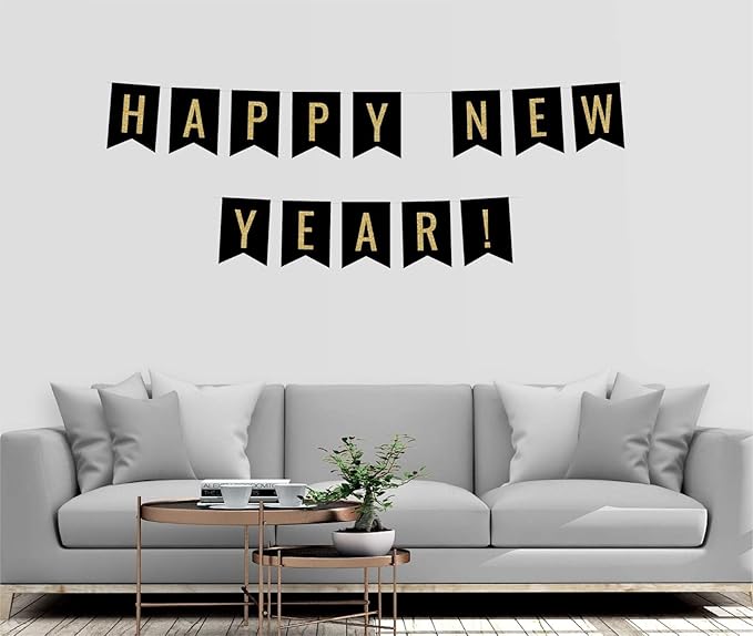 Andaz Press Faux Gold Glitter on Black Party Banner Decorations, Happy New Year!, Approx 5-Feet, 1-Set, Going Away Study Abroad Graduation Retirement Colored Hanging Pennant Decor
