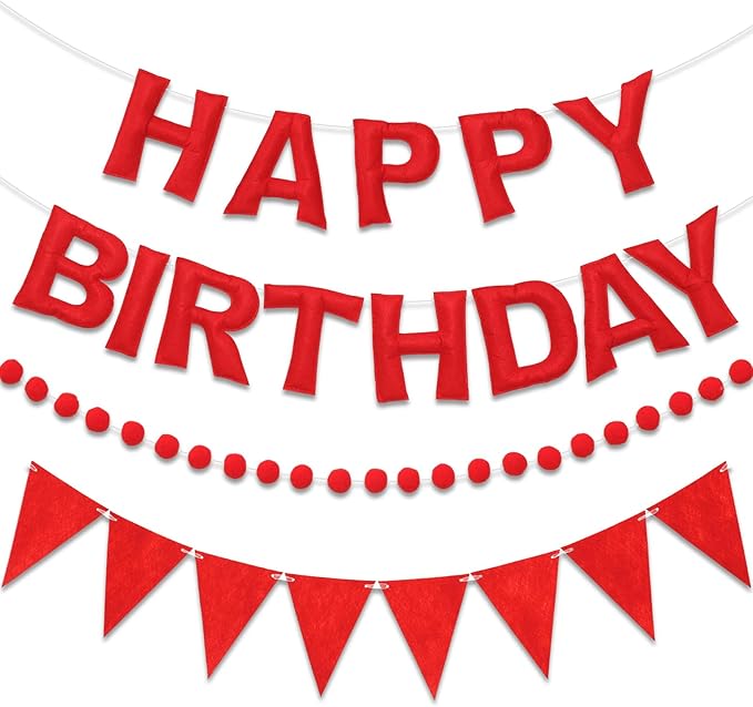 Pre-Strung Happy Birthday Banner & Felt Garland Set - Red Birthday Decorations for Women Girls | Reusable Party Supplies for Indoor & Outdoor