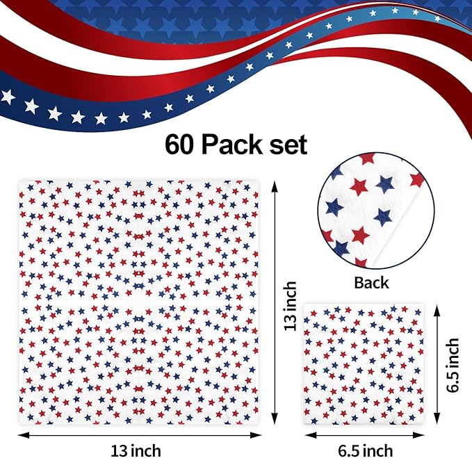 Patriotic Party Supplies 4th of JULY paper napkins 60Count 6.5 x 6.5 inch Americana Stars Cocktail Napkins for USA Themed Parties,Veterans Day Election Day 4th of July Independence Day Decorations