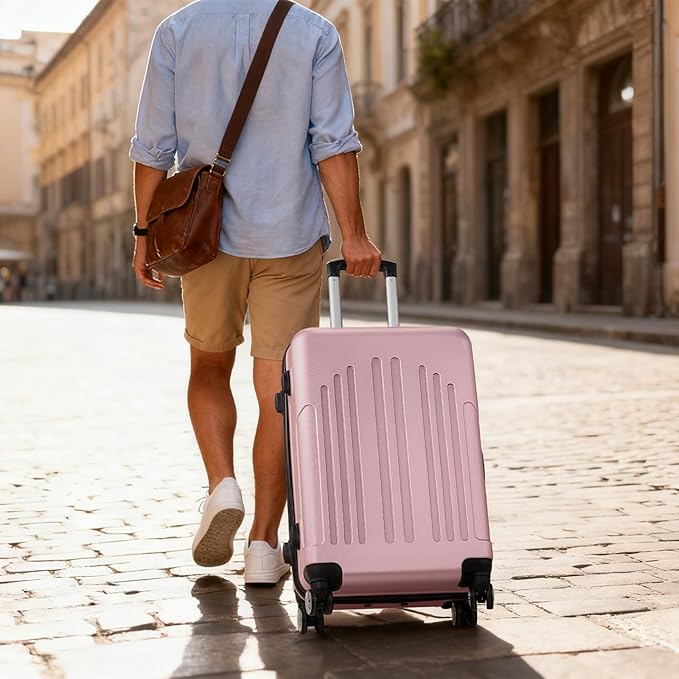 Karl home 24in Checked Luggage with TSA Lock, ABS Hardshell Check-in Suitcase with Spinner Wheels, Durable Medium Suitcase Rolling Luggage for Business Travel, Pink