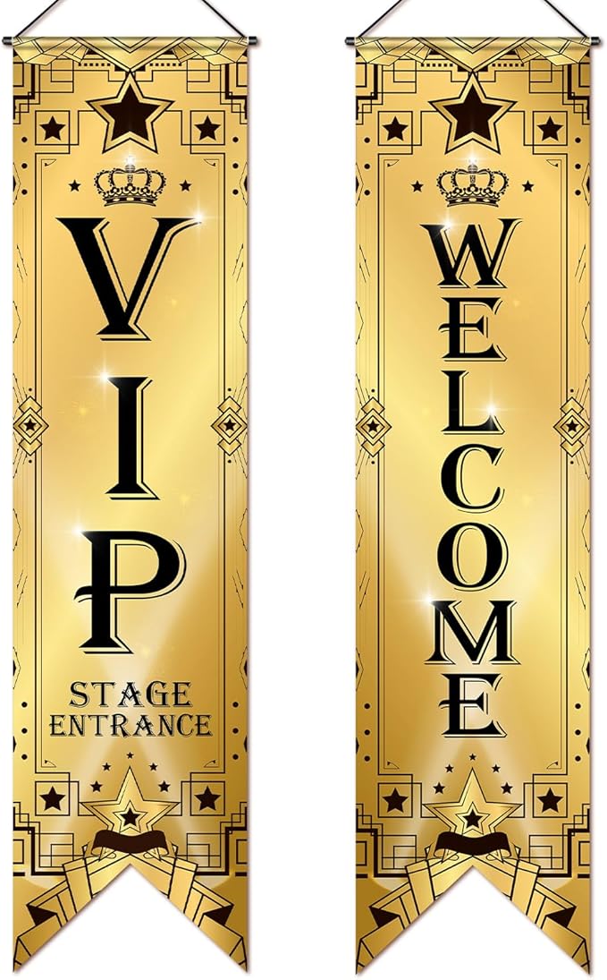Blulu VIP Party Decorations Roaring 20s Movie Night Banner VIP Porch Sign Movie Theater Now Showing Hanging Porch Sign 1920s Party Supplies(Gold)
