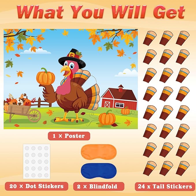 Pin The Tail on The Turkey Party Game with 24 PCS Tails for Kids Thanksgiving Fall Family School Games Activities