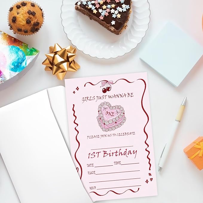 Pink Bow First Birthday Invites Cards Party Invitation Cards for Girls Kids Adults Party Invitations 4x6 Inch Invitations with Envelopes 20 Pcs Double Sided Invitation Card for Girls 1st Birthday YT85