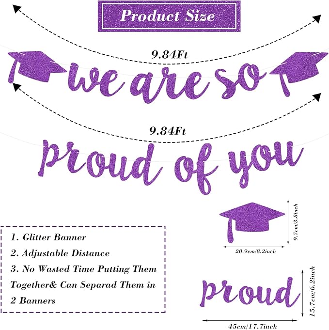 2026 Graduation Decorations Pre-Strung Blingbling We Are So Proud of You Banner Glitter Graduation Garland for Class of 2026 High School College Grad Party (Purple)