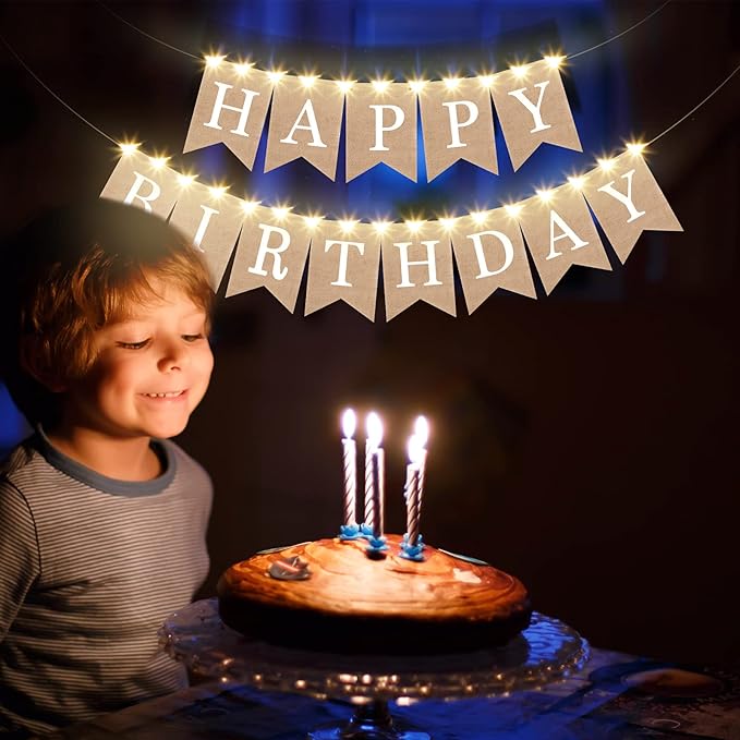 Breling 2 Pieces Burlap Happy Birthday Banner Flags Decor and 2 Pieces Mini LED Fairy Lights Battery Rustic Banner Garland Bunting for Adult Women Men Birthday Party Baby Shower Fireplace Supplies