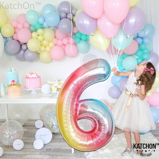 KatchOn, Giant Rainbow Number 6 Balloon - 40 Inch | 6 Year Old Birthday Balloons for 6th Year Decoration | 6 Number Balloons for 6th Happy Anniversary Decorations, 6th Birthday Party Decorations