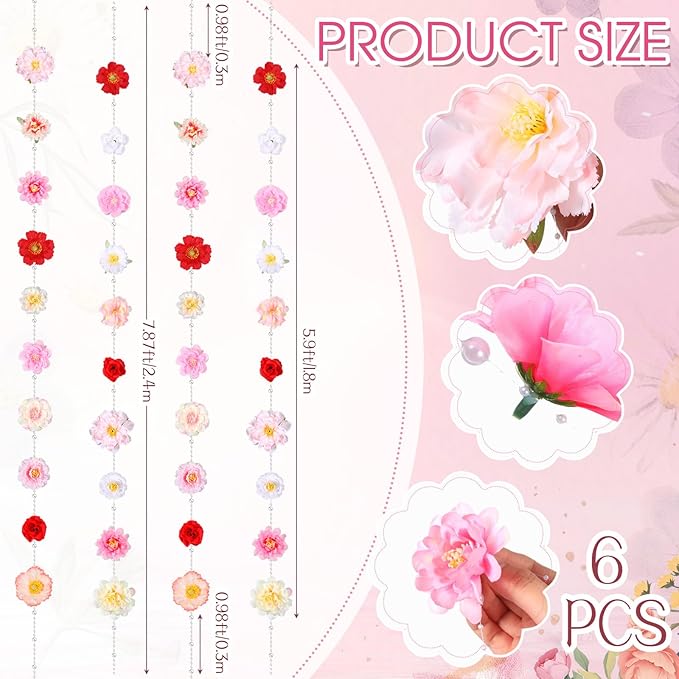 6 Pack 47.24 ft Flower Garland Hanging Decorations Floating Flowers Backdrop Wildflower Garland Artificial Fake Floral Vines Bead Chain Floral Party Decor Halloween Fall Birthday Wall