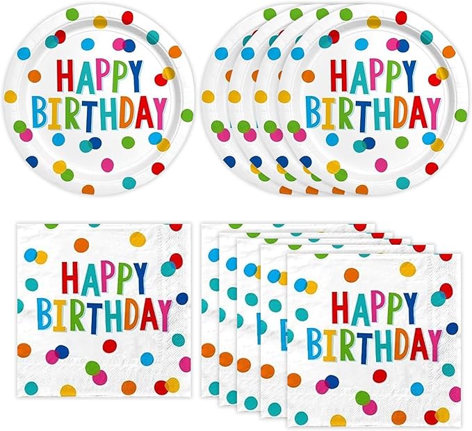 40PCS Happy Birthday Party Plates and Napkins, Happy Birthday Desserts Plates Disposable Rainbow Dots Tableware Supplies for Adults and Kids Party Decorations