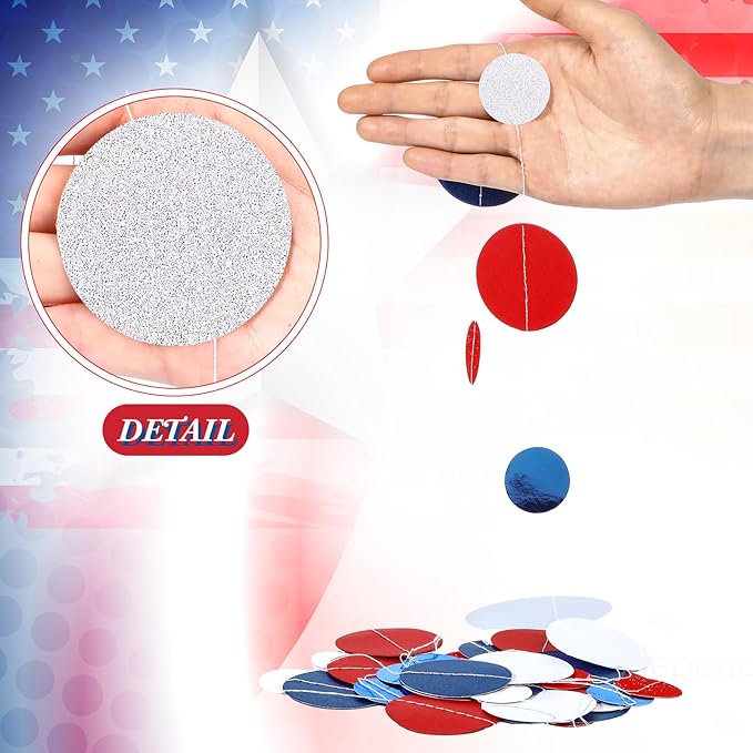 Outus 5 Pieces Blue,White,Red Round Dots Garland Easter Graduation Party Hanging Decor Each Length 13.1ft Glitter Paper Dot Streamers for Birthday Wedding Classroom