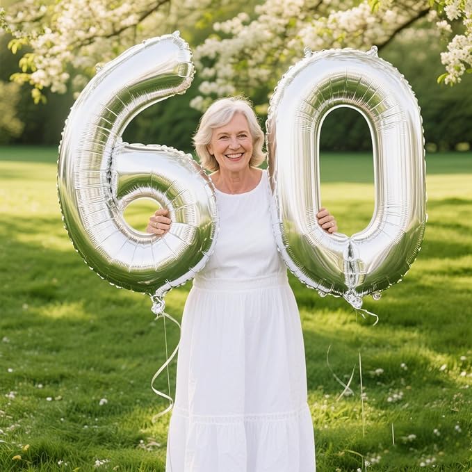 40 Inch Silver Number 60 Digital Balloon,Jumbo Mylar Foil Helium Balloon for 60 Balloons for Birthday Party,Wedding Anniversary Party Decorations
