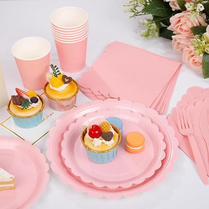 LIYH 350 Pcs Pink Paper Plates and Napkins - 50 Guest Light Pink Party Supplies Include Easter Scalloped Plates Cups Plastic Spoons Forks Knives for Baby Shower Birthday Party,Easter