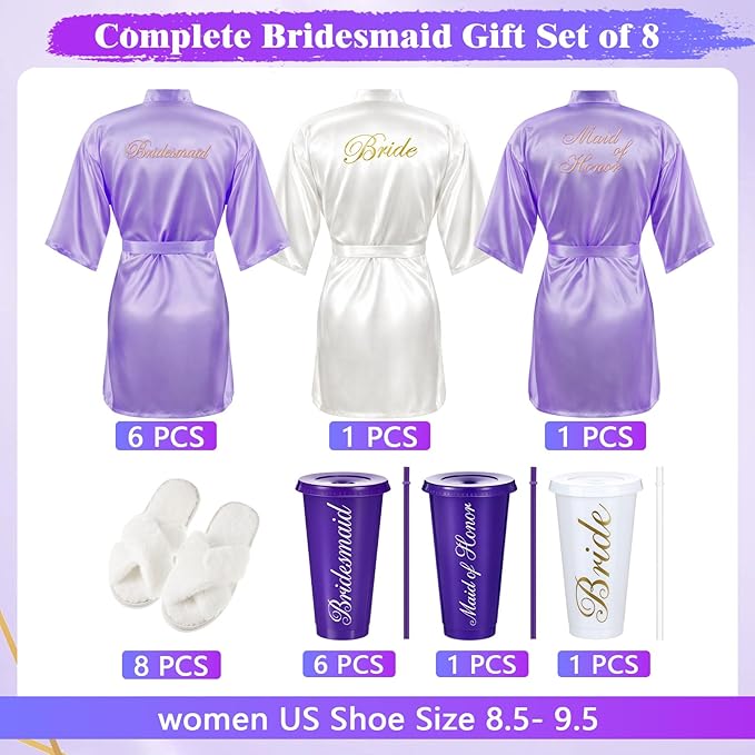 Bonuci 24 Pcs Bridesmaid Bride Robes Set of 8 Bridal Satin Robes Fluffy Slippers Drinking Cups for Wedding Bachelorette Party