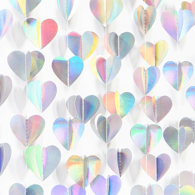 Iridescent Disco-Holographic Party-Decorations Heart-Garland - 39Ft Galentines Valentines Day Wedding Hanging Paper Streamers Banner,Birthday Bachelorette Baby Bridal Shower Engagement Decor Ouruola