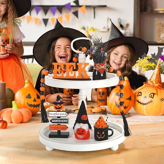 Halloween Decorations 6PCS Tiered Tray Decor, Cute Tabletop Halloween Decor for Home Tray Shelf Fireplace Mantel Office Desk Table Centerpieces Farmhouse Rustic Spooky Wood Signs