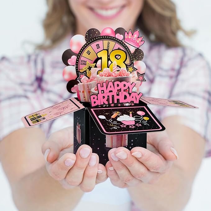 FaCraft Pop Up 18th Birthday Card - Handmade Happy Birthday Pop Up Greeting Cards Gift with Envelope and Blank Insert, Spinning Wheel Design, 18 Year Old Teens, Girls, Daughter