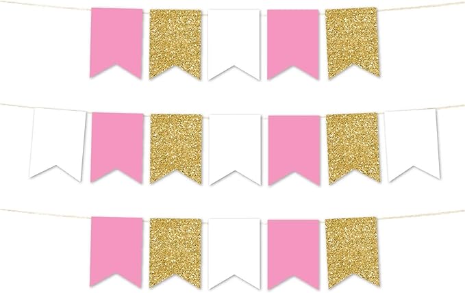 Andaz Press Hanging Pennant Banner with String, Pink, White, Faux Gold Glitter, 1-Set, 24 Pennants, Approx. 12-Feet Long, Girl's 1st Birthday Baptism Communion Theme Colored Supplies