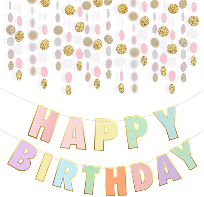 Pre-Strung Happy Birthday Banner and Decorations-Girls Toddler Birthday Decorations-Happy Birthday Banner and Dot Garland Pastel Colors