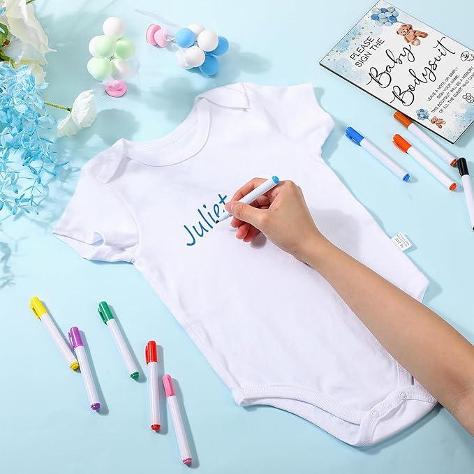 Qunclay 12 Pcs Baby Shower Game Decor with White Unisex Bodysuit Wooden Sign Tabletop Decor and Marker for Guests(Blue Bear)