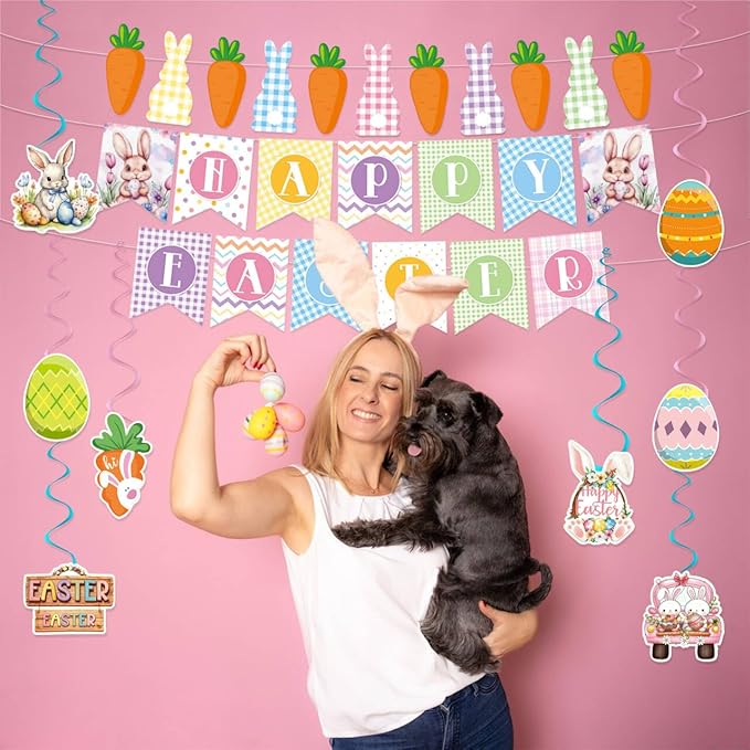 Happy Easter Banner Easter Decorations Bunny Easter Banner Garland Egg Bunny Hanging Swirls Easter Egg Bunny Party Decorations Easter Party Supplies Outdoor Indoor Home Office Spring Party Decoration