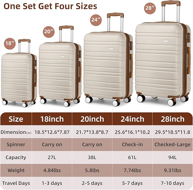 LARVENDER Luggage Sets 6 Piece, Expandable Hardside Carry on Suitcase Set with Spinner Wheels, Lightweight Rolling Luggage Sets for Women with TSA Lock, Cream Brown