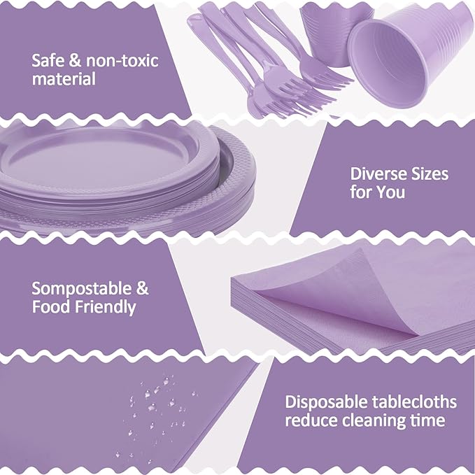 Lavender Plastic Plates for Party,30 Guest Disposable Plastic Plate Set 9" Plates,7" Dessert Plates,Napkins,Cups,Forks & Tablecloth for Baby Shower,Wedding,Birthday,Afternoon Tea Party