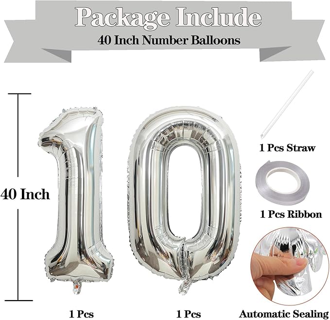 Large Silver 10 Number Balloons, 40 Inch Jumbo Number 10 Balloon, Silver Foil Mylar Balloons for Girl Sweet 10th Birthday Party, Anniversary Decorations