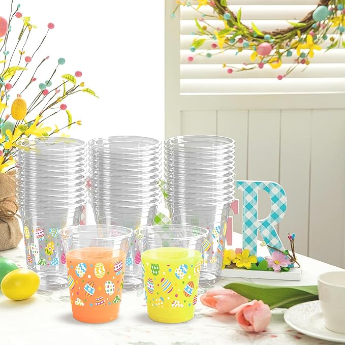 100 Pcs Easter Plastic Cups, 16 Oz Colorful Eggs Disposable Clear Party Cups for Spring Easter Party Decoration Supplies Cold Drinking Beverage Ice Cream Snacks