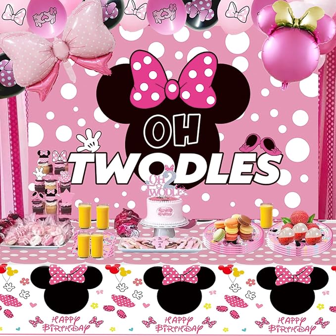 Pink Mouse 2nd Birthday Party Supplies, Oh Twodles Girl Second Party Decorations Includes Happy Birthday Banner, Hanging Swirls, Tablecloth, Cake Cupcake Toppers, Bow Foil Balloon, Latex Balloons