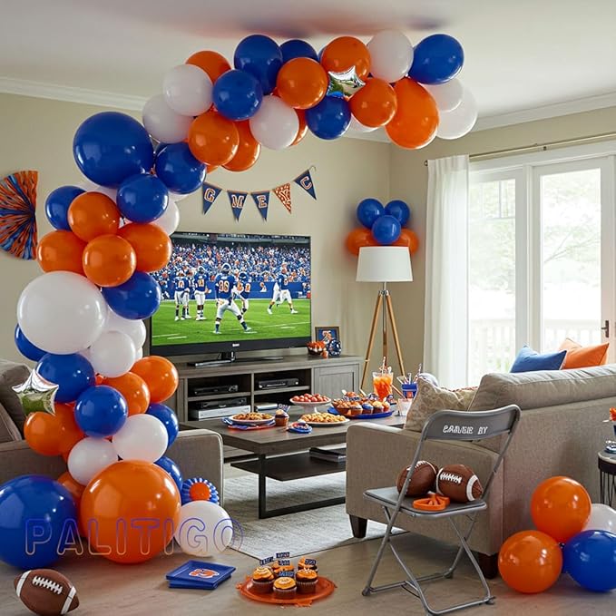 Blue, Orange and White Balloon Arch Kit with Silver Star Foil – Double-Stuffed 5" 12" 18" Balloons for Football, Back to School, Fall Baby Shower, Boys Birthday & Halloween Decor