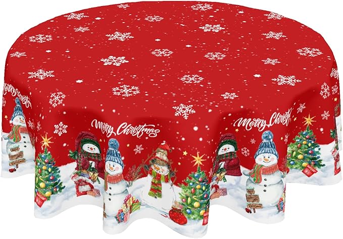 Christmas Tablecloth Round 60 Inch Red Winter Snowman Snowflake Table Cloth Farmhouse Xmas Tree Snow Table Cover for Kitchen Dinner Room Holiday Party Indoor Outdoor Home Christmas Decor