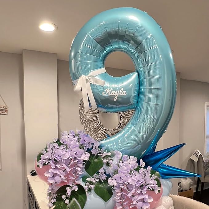 40 Inch Light Blue Number Balloon 9, Large Baby Blue Number 9 Balloons for Birthday Party Decorations, Blue Foil Mylar Birthday Balloons