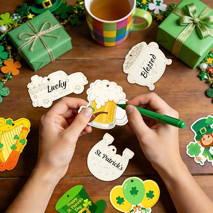 36PCS Wooden St. Patrick's Day Ornaments to Paint Shamrock Cutout Decorations,12 Styles DIY Blank Unfinished Wood Shamrock Cutouts Ornament for Tree Home Crafts Hanging, Hat Beer Gifts Indoor Spring