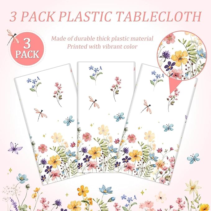 3 Pieces Wildflower Tablecloths Spring Floral Baby Shower Birthday Tablecover Plastic Disposable Rectangle Table Covers for Spring Summer Picnic Wedding Tea Party