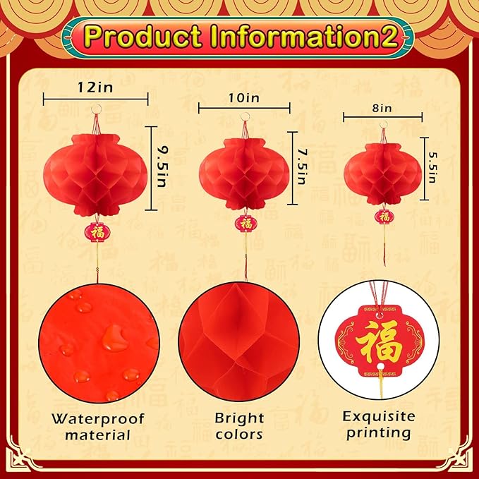 3D Chinese New Year Decorations 2026, Chinese Dragon Decoration with 1 Dragon and 12 Red Plastic Paper Lanterns for Spring Festival Party Lunar New Year Decorations 2026