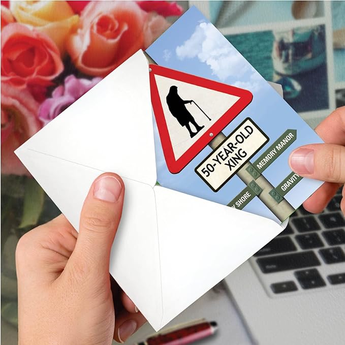 NobleWorks 50th Blank Birthday Greeting Card with 5 x 7 Inch Envelope (1 Card) Bday 50 Year Old Crossing 9966K