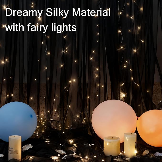 Black Tulle Backdrop Curtain with Lights Strings, Elegant Sheer Photo Backdrop Drapes, Soft Fabric Curtain for Weddings Brithday Parties Photography Background Decor, 10ftx8ft