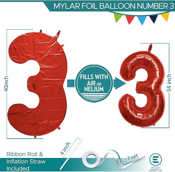 40 Inch Large Red Number Celebration and Decoration Balloon for Birthday Parties, Graduations, Anniversaries, Weddings, Photo Shoots, Special Events - Helium Foil Mylar (Red Number 3)
